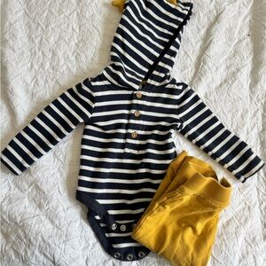 Striped Navy and White Hooded Baby Onesie with Yellow Pants